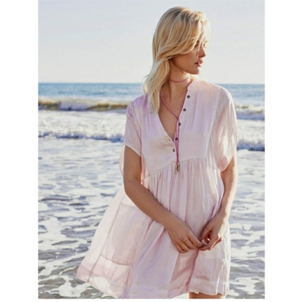 FREE PEOPLE Rowan Tunic Dress Soft Pink Babyoll Mini Relaxed‎ Vacation Sz S Boho